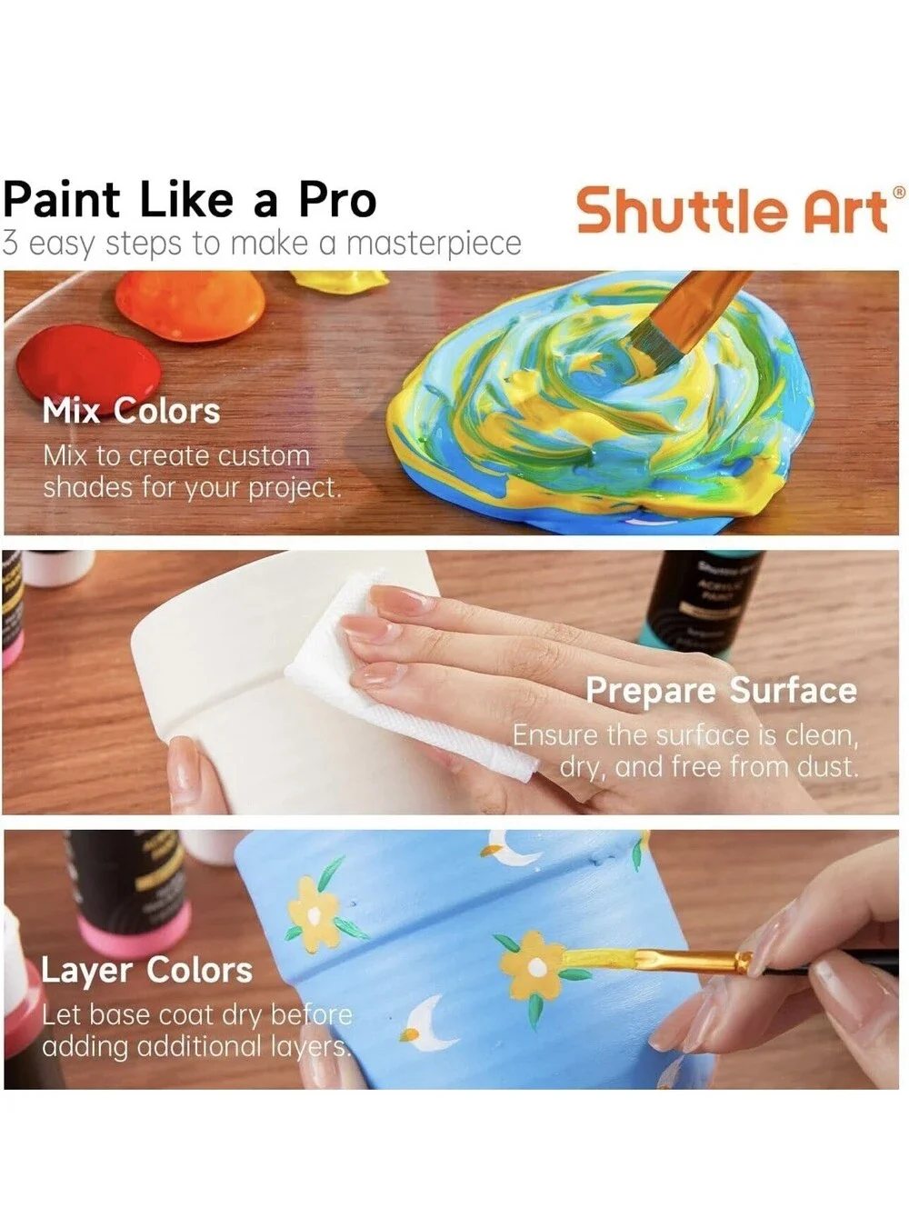Acrylic Paint Set 36 Colors with Brushes & Palette 2oz Bottles Non-Toxic NWB